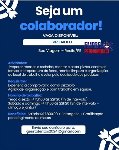 1 Vaga de emprego para Pizzaiolo no Segmento alimentício em 23/09