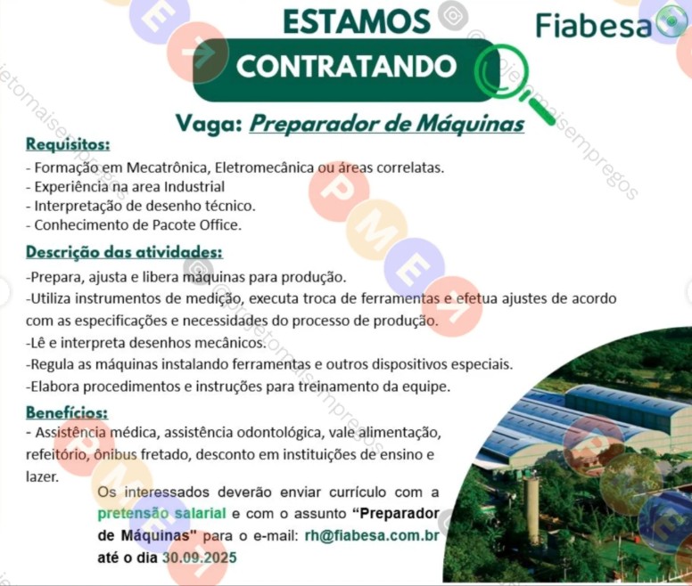 1 Vaga de emprego para Preparador De Máquinas na empresa Fiabesa em 26/09