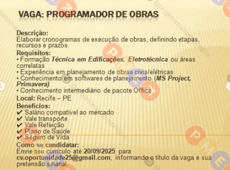 1 Vaga de emprego para Programador no Segmento de obras em 22/09
