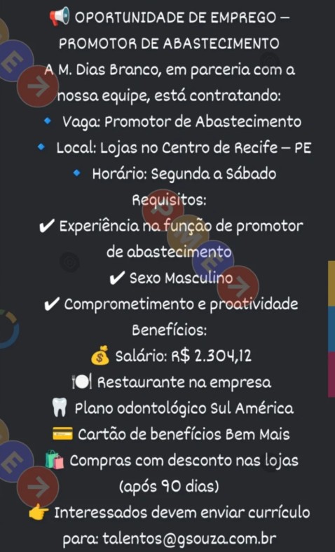 1 Vaga de emprego para Promotor De Abastecimento no Segmento comercial em 23/09