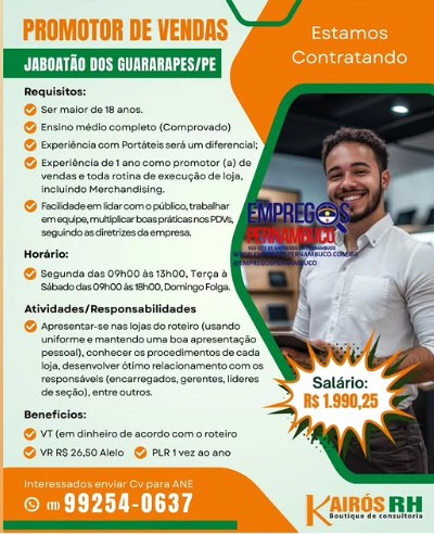 1 Vaga de emprego para Promotor De Vendas na empresa Kairós RH em 23/09