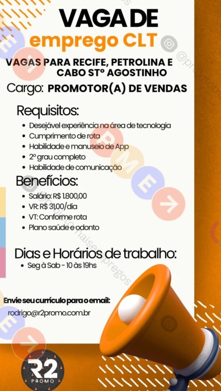 1 Vaga de emprego para Promotor De Vendas sem experiência na empresa R2 Promo em 26/09