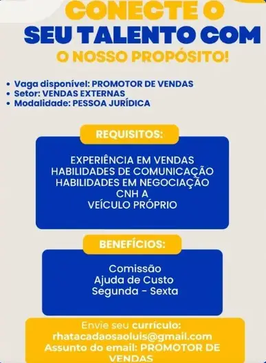 1 Vaga de emprego para Promotor De Vendas no Segmento comercial em 11/09