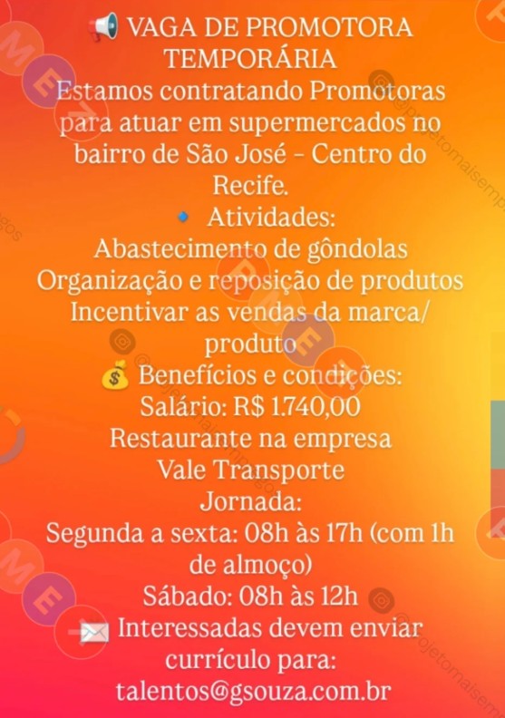 1 Vaga de emprego para Promotora no Segmento de supermercado em 23/09