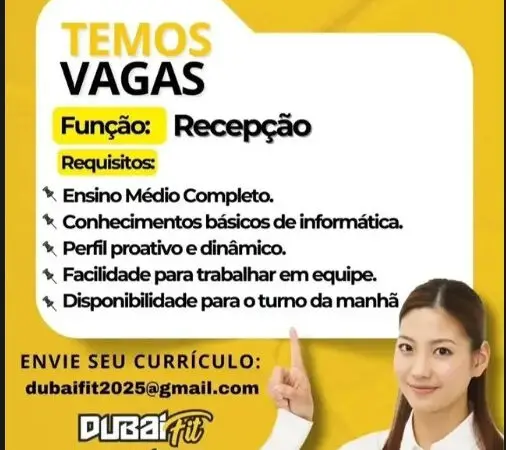1 Vaga de emprego para Recepção sem experiência na empresa Academia Dubai Fit em 11/09
