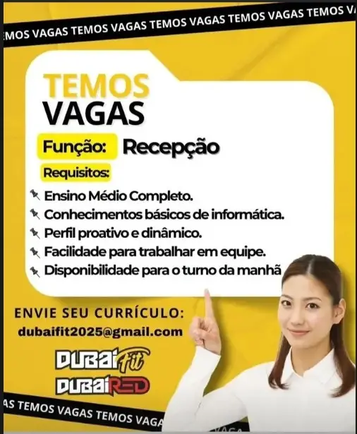 1 Vaga de emprego para Recepção sem experiência na empresa Academia Dubai Fit em 11/09