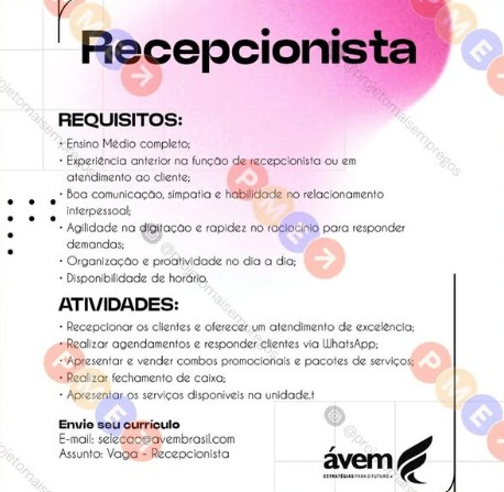 1 Vaga de emprego para Recepcionista na empresa Ávem em 18/09