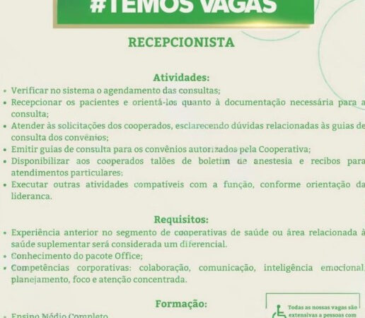 1 Vaga de emprego para Recepcionista sem experiência na empresa COOPANEST em 08/09