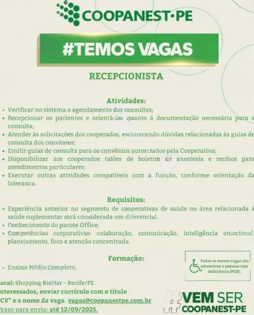 1 Vaga de emprego para Recepcionista sem experiência na empresa COOPANEST em 08/09