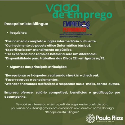 1 Vaga de emprego para Recepcionista na empresa Paula Rios Consultoria de RH em 18/09