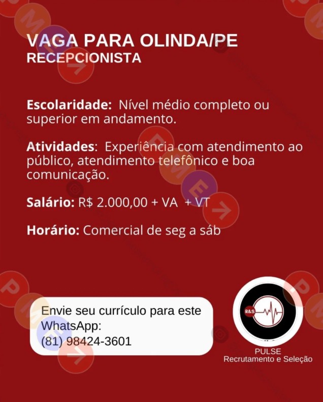 1 Vaga de emprego para Recepcionista na empresa Pulse Recrutamento e Seleção em 22/09