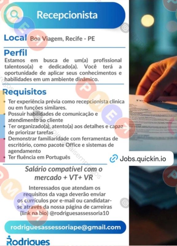 1 Vaga de emprego para Recepcionista na empresa Rodrigues Assessoria em 26/09