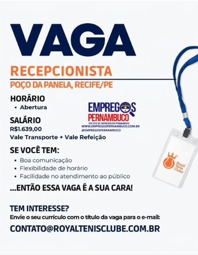 1 Vaga de emprego para Recepcionista sem experiência na empresa Royal Tenis Clube em 18/09