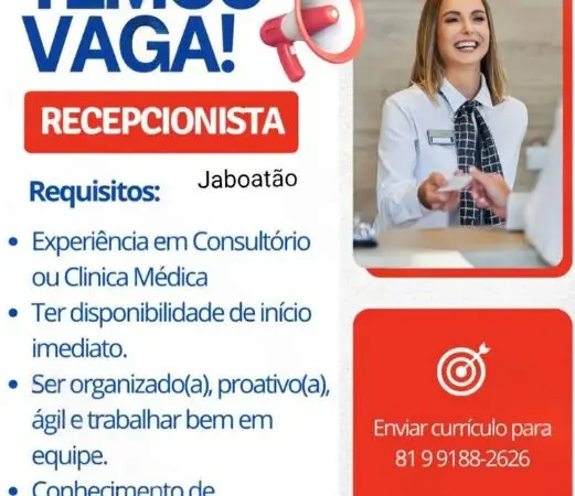 1 Vaga de emprego para Recepcionista na empresa Clínica + Saúde em 08/09