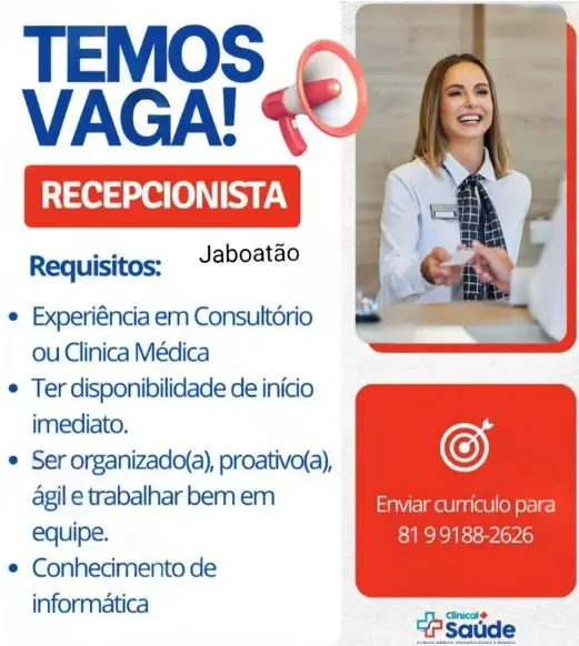 1 Vaga de emprego para Recepcionista na empresa Clínica + Saúde em 08/09