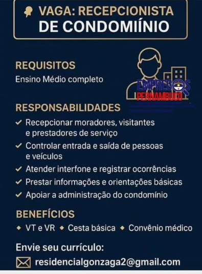 1 Vaga de emprego para Recepcionista sem experiência na empresa Condomínio Residencial Gonzaga em 19/09