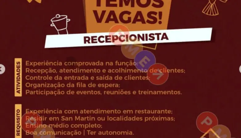 1 Vaga de emprego para Recepcionista na empresa Restaurante Xodó Nordestinol em 10/09