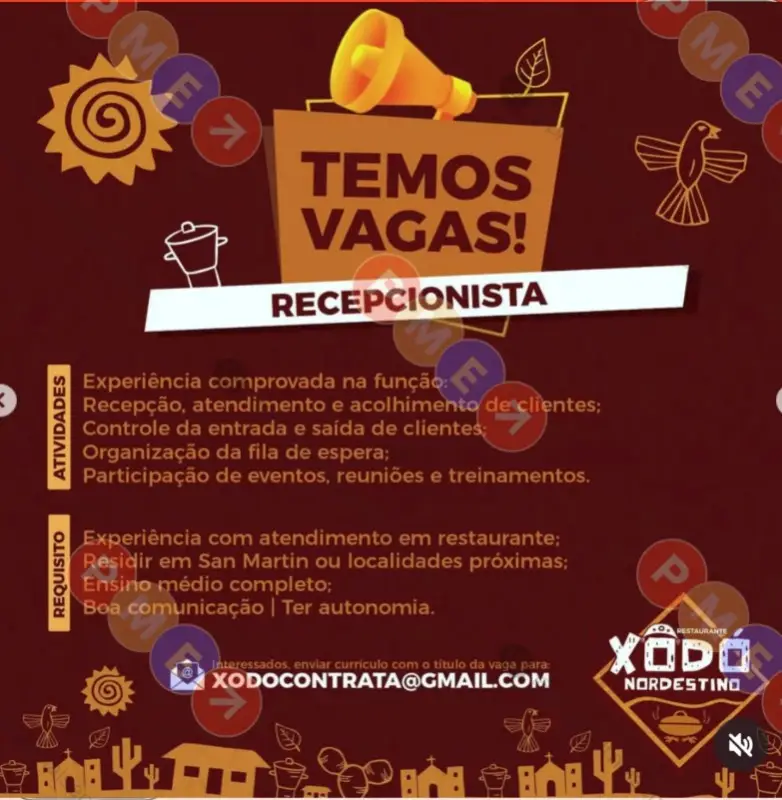 1 Vaga de emprego para Recepcionista na empresa Restaurante Xodó Nordestinol em 10/09