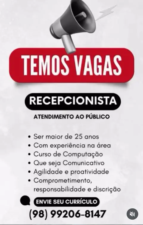 1 Vaga de emprego para Recepcionista no Segmento de atendimento ao público em 11/09