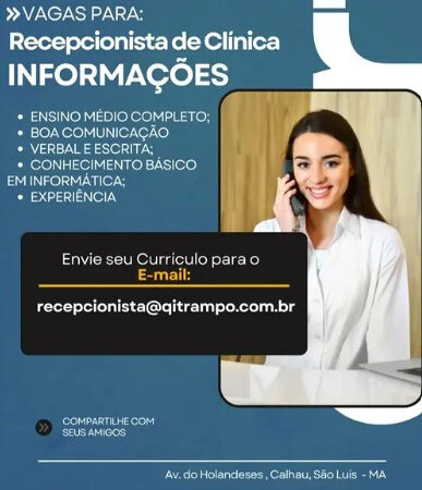 1 Vaga de emprego para Recepcionista no Segmento clínico em 11/09