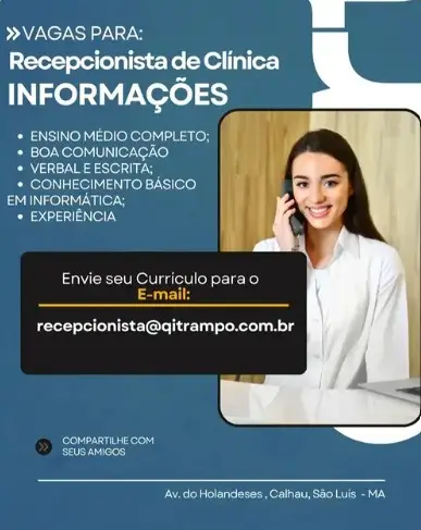 1 Vaga de emprego para Recepcionista no Segmento clínico em 11/09
