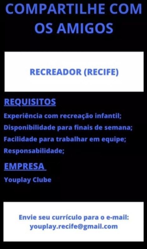 1 Vaga de emprego para Recreador na empresa Youplay Club em 23/09