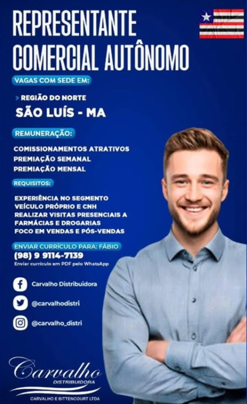 1 Vaga de emprego para Representante Comercial Autônomo na empresa Carvalho Distribuidora em 12/09