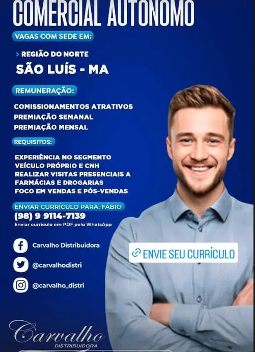 1 Vaga de emprego para Representante Comercial Autônomo na empresa Carvalho Distribuidora em 11/09