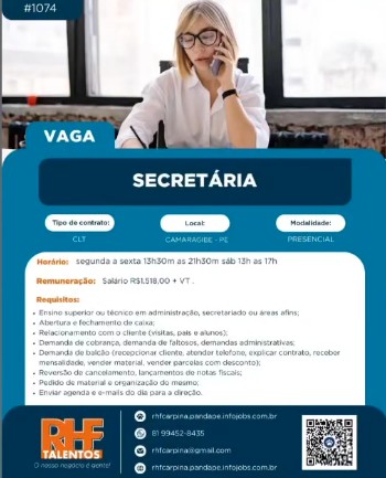 1 Vaga de emprego para Secretária sem experiência na empresa RHF Talentos em 27/09