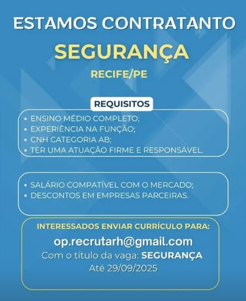 1 Vaga de emprego para Segurança na Cidade de Recife em 27/09