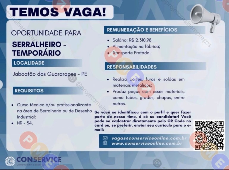 1 Vaga de emprego para Serralheiro sem experiência na empresa Conservice em 25/09