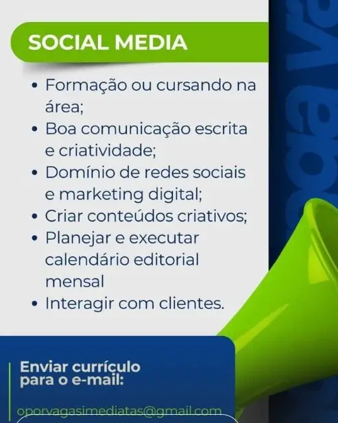 1 Vaga de emprego para Social Media sem experiência no Segmento de redes sociais em 11/09