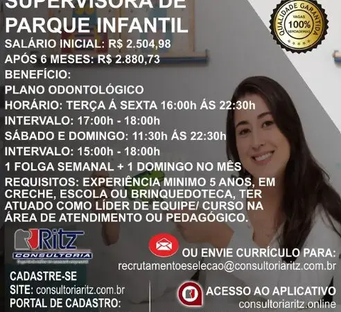 1 Vaga de emprego para Supervisor De Parque Infantil na empresa Ritz Consultoria em 11/09