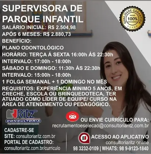 1 Vaga de emprego para Supervisor De Parque Infantil na empresa Ritz Consultoria em 11/09