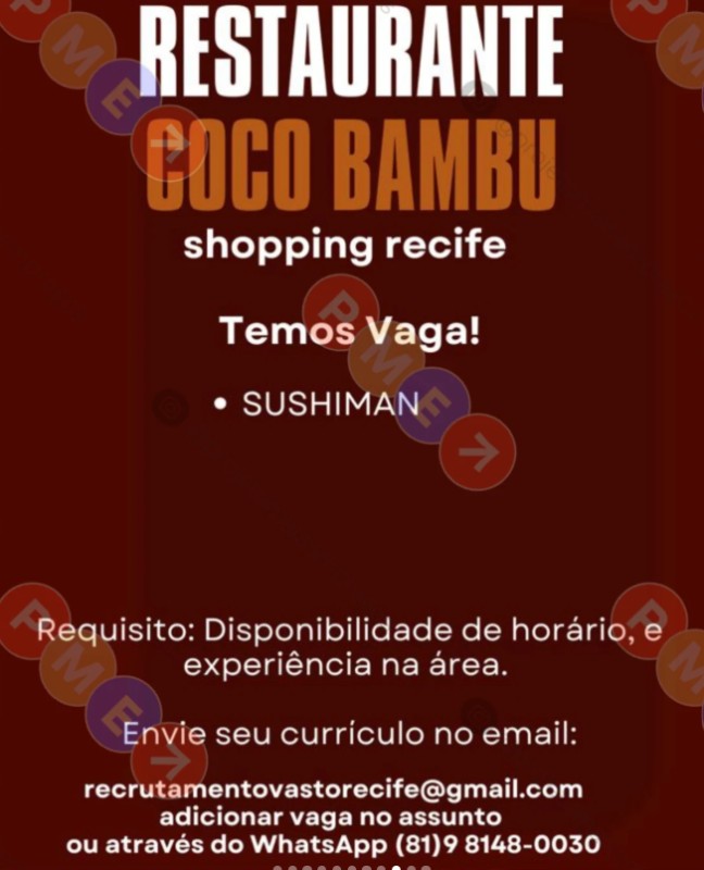 1 Vaga de emprego para Sushiman na empresa Restaurante Coco Bambu em 26/09