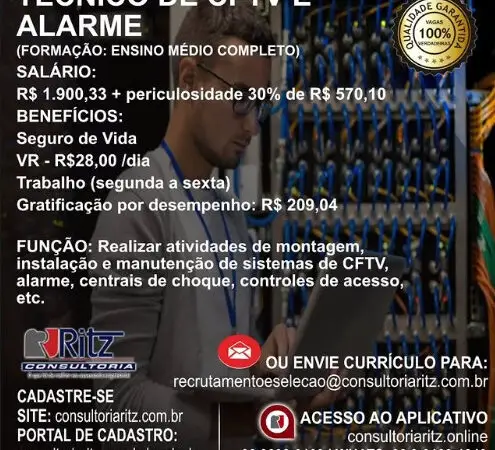 1 Vaga de emprego para Técnico De Cftv E Alarme na empresa Ritz Consultoria em 09/09