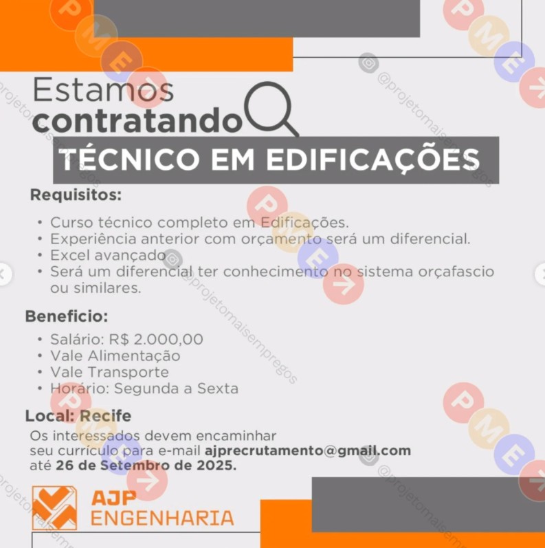 1 Vaga de emprego para Técnico De Edificações sem experiência na empresa AJP Engenharia em 24/09