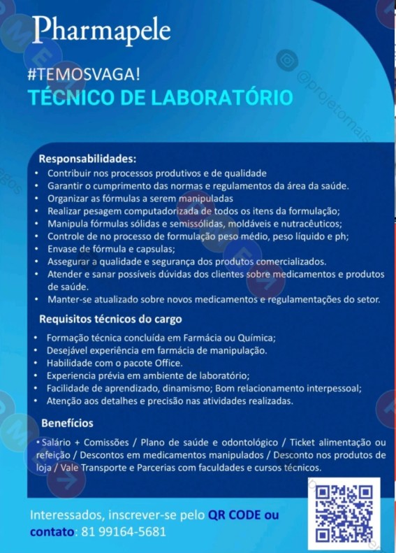 1 Vaga de emprego para Técnico De Laboratório sem experiência na empresa Pharmapele em 19/09