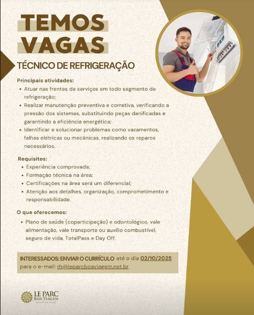 1 Vaga de emprego para Técnico De Refrigeração na empresa Le Parc em 27/09