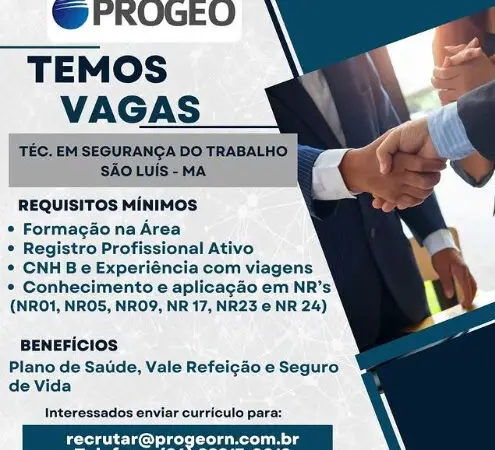 1 Vaga de emprego para Técnico De Segurança Do Trabalho sem experiência na empresa PROGEO em 10/09