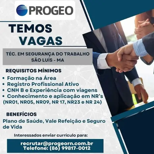 1 Vaga de emprego para Técnico De Segurança Do Trabalho sem experiência na empresa PROGEO em 10/09