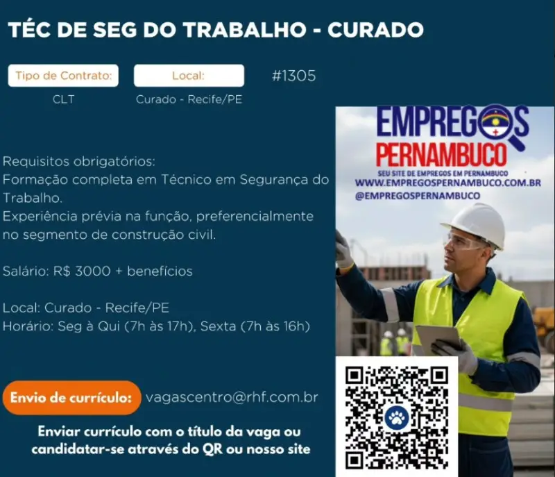 1 Vaga de emprego para Técnico De Segurança Do Trabalho na empresa RHF Talentos em 08/09