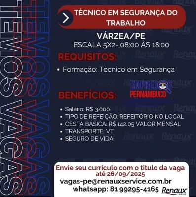 1 Vaga de emprego para Técnico De Segurança Do Trabalho sem experiência na empresa Renaux em 23/09