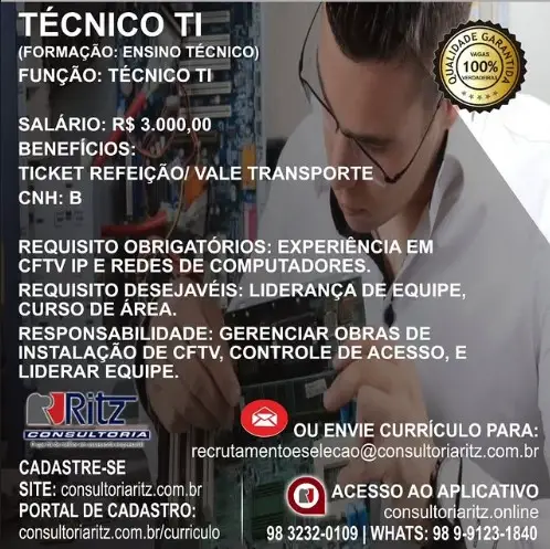 1 Vaga de emprego para Técnico De Ti na empresa Ritz Consultoria em 09/09