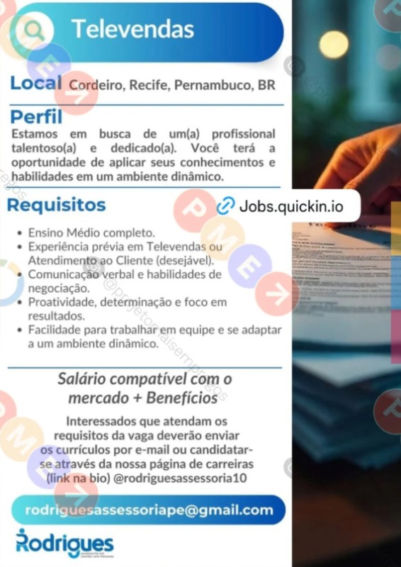 1 Vaga de emprego para Televendas na empresa Rodrigues Assessoria em 27/09