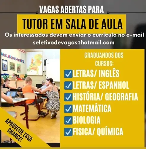 1 Vaga de emprego para Tutor De Sala De Aula no Segmento escolar em 10/09