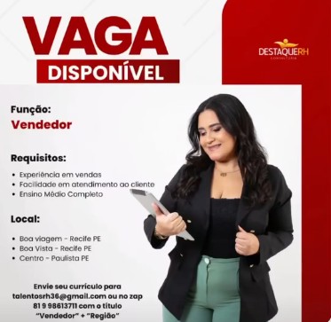 1 Vaga de emprego para Vendedor na empresa Destaque RH em 26/09