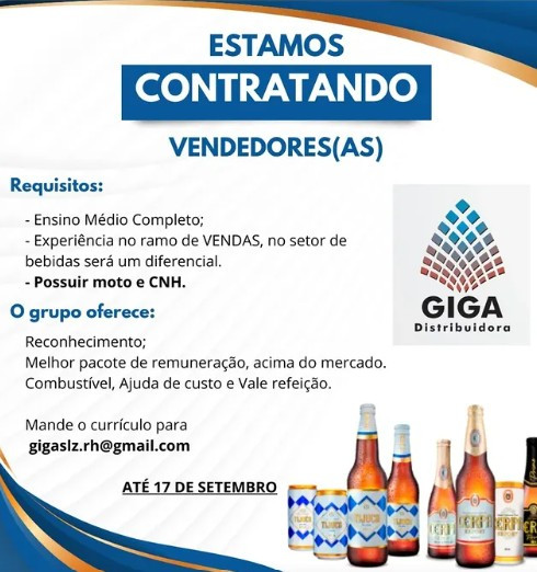 1 Vaga de emprego para Vendedor na empresa Giga Distribuidora em 12/09