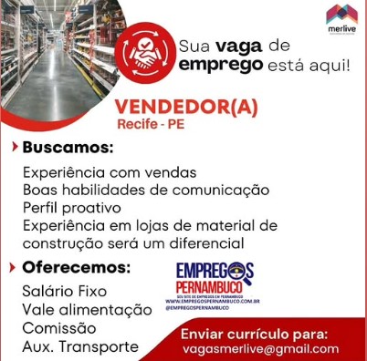 1 Vaga de emprego para Vendedor na empresa Merlive em 22/09