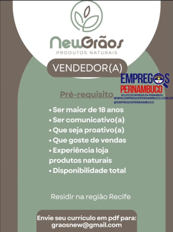 1 Vaga de emprego para Vendedor na empresa New Grãos Produtos Naturais em 25/09